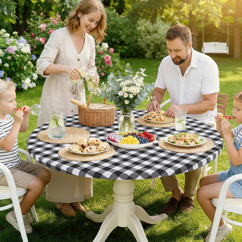 smiry Round Picnic Table Cloth, Elastic Waterproof Fitted Vinyl Tablecloth for 31"-35" Tables, Flannel Backed Buffalo Plaid Table Covers for Dining, Camping, Outdoor, White and Black - Image 2