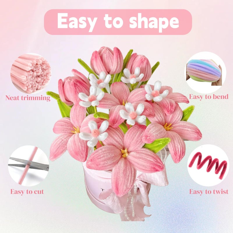 LansinLife طقم منظفات الأنابيب LansinLife 400 قطعة، 4 منظفات أنابيب وردية متنوعة بالجملة، سيقان شنيلي لمجموعة صنع الزهور DIY مع سيقان زهرية، شريط حديقة، أسدية، شريط هدايا لصنع باقة هدايا (وردي) - Image 3