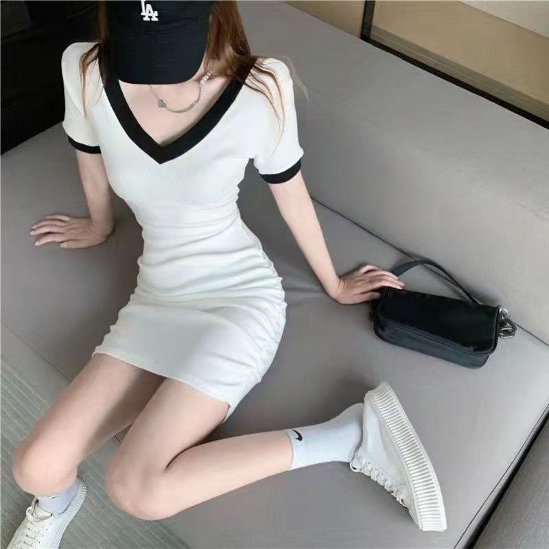 Contrast V-Neck Dress 2024 Summer Slim Fit Hundred colors [dress]