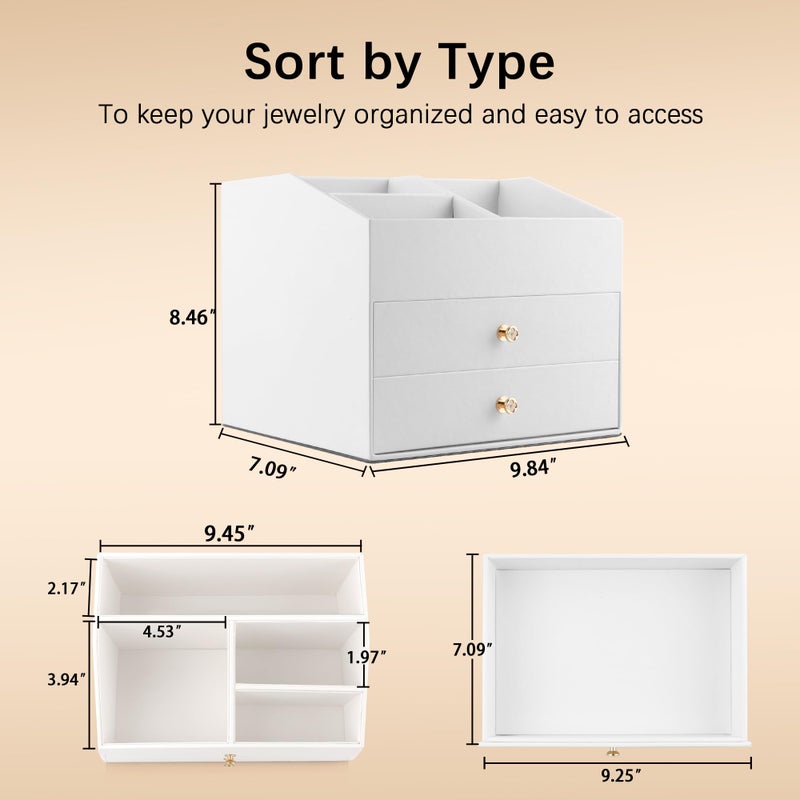 Homeanda Makeup Organizer with Drawers, PU Leather Cosmetic Storage Box Large Cosmetic Display Case for Skincare, Lipstick, Brushes, Bedroom Storage(White) - Image 4