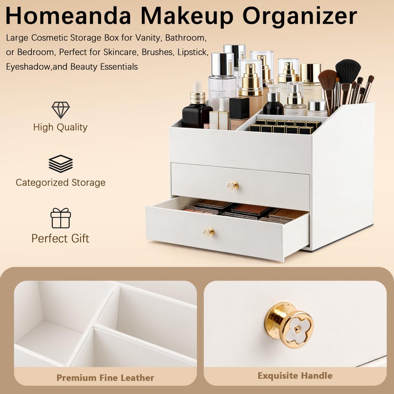 Homeanda Makeup Organizer with Drawers, PU Leather Cosmetic Storage Box Large Cosmetic Display Case for Skincare, Lipstick, Brushes, Bedroom Storage(White) - Image 5