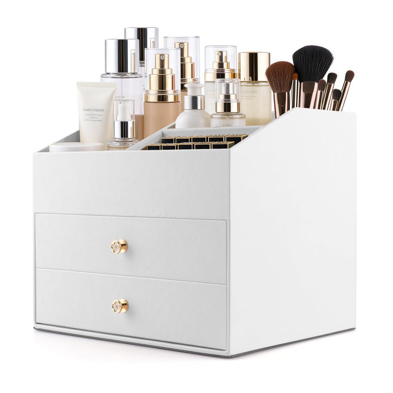 Homeanda Makeup Organizer with Drawers, PU Leather Cosmetic Storage Box Large Cosmetic Display Case for Skincare, Lipstick, Brushes, Bedroom Storage(White) - Image 1