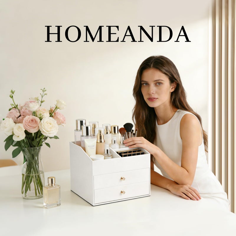 Homeanda Makeup Organizer with Drawers, PU Leather Cosmetic Storage Box Large Cosmetic Display Case for Skincare, Lipstick, Brushes, Bedroom Storage(White) - Image 2