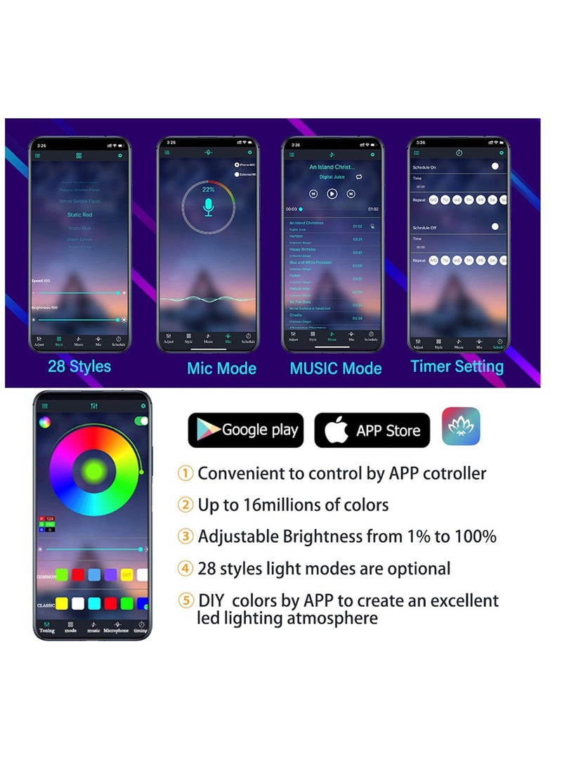 Car LED Interior Strip Light,64 Colors 5 in1 Fiber Optic, Multicolor RGB Ambient Lighting Kit - Wireless Bluetooth APP - Image 2