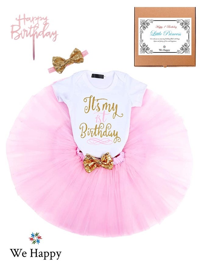 We Happy 4 Pieces Its My 1st Birthday Costume Princess Theme Dressing up Toy Baby Girl Party Fancy Wear with Tutu Skirt, Cake Topper and Floral Headband  - Image 1
