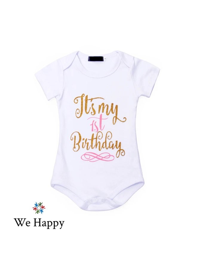 We Happy 4 Pieces Its My 1st Birthday Costume Princess Theme Dressing up Toy Baby Girl Party Fancy Wear with Tutu Skirt, Cake Topper and Floral Headband  - Image 2
