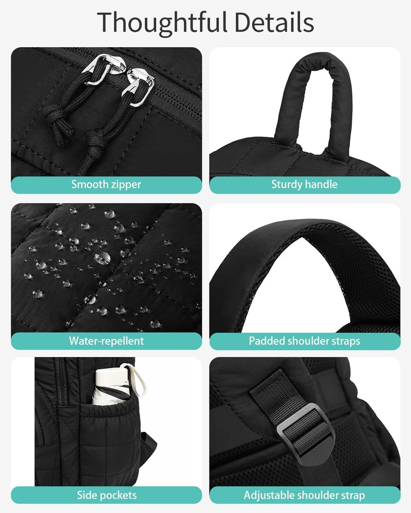CLOKARS Bookbag for Women, Teen Girls Backpack for High School College Student, Puffer Quilted Back Pack Cute Laptop Backpack for Work Travel Mom Casual Daypack, Black - Image 4