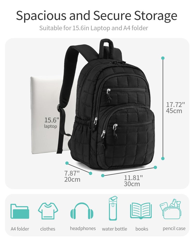 CLOKARS Bookbag for Women, Teen Girls Backpack for High School College Student, Puffer Quilted Back Pack Cute Laptop Backpack for Work Travel Mom Casual Daypack, Black - Image 3