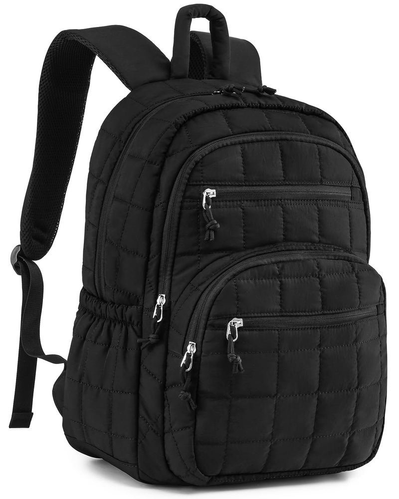 CLOKARS Bookbag for Women, Teen Girls Backpack for High School College Student, Puffer Quilted Back Pack Cute Laptop Backpack for Work Travel Mom Casual Daypack, Black - Image 1