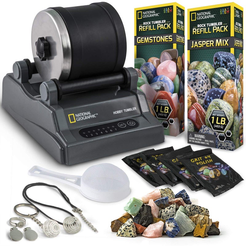 Blue Marble National Geographic Hobby Rock Tumbler Kit - Rock Polisher for Kids & Adults, Noise-Reduced Barrel, Grit, 2.5 Pounds Raw Gemstone & Jasper Mix, Great STEM Hobby Kit - Image 1
