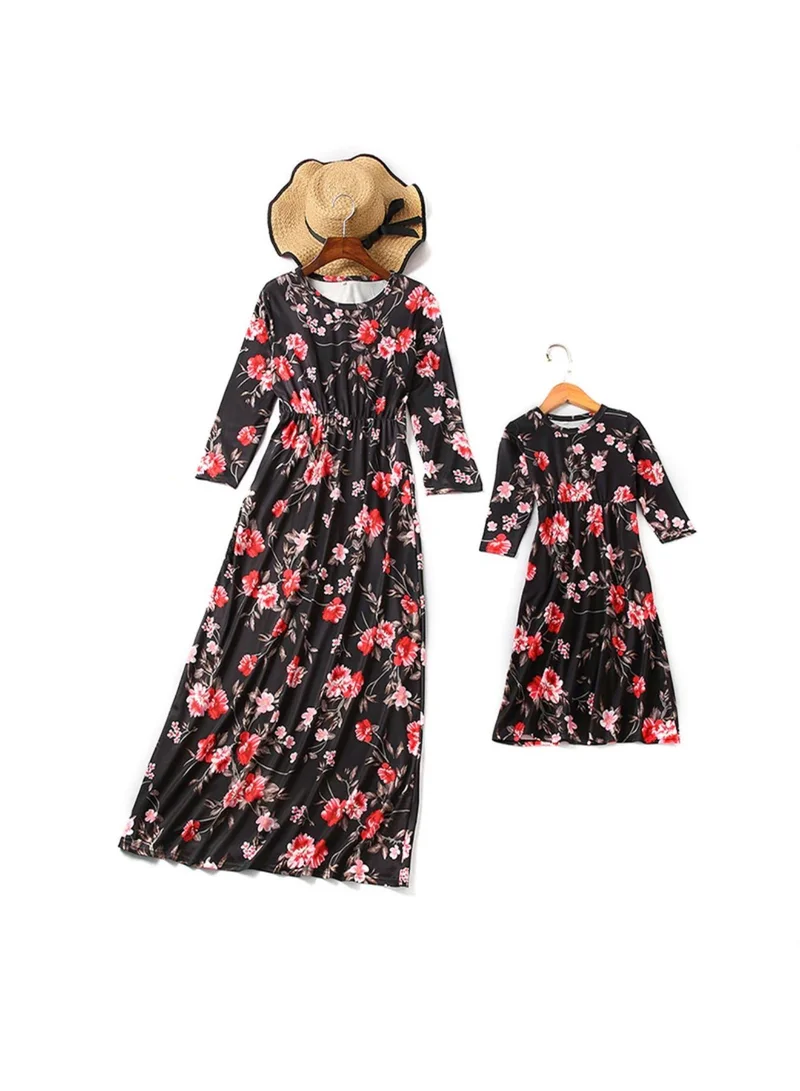 ماتشينج فاميلي اوتفيتس Long Sleeves Floral Print Mother and Daughter Dress