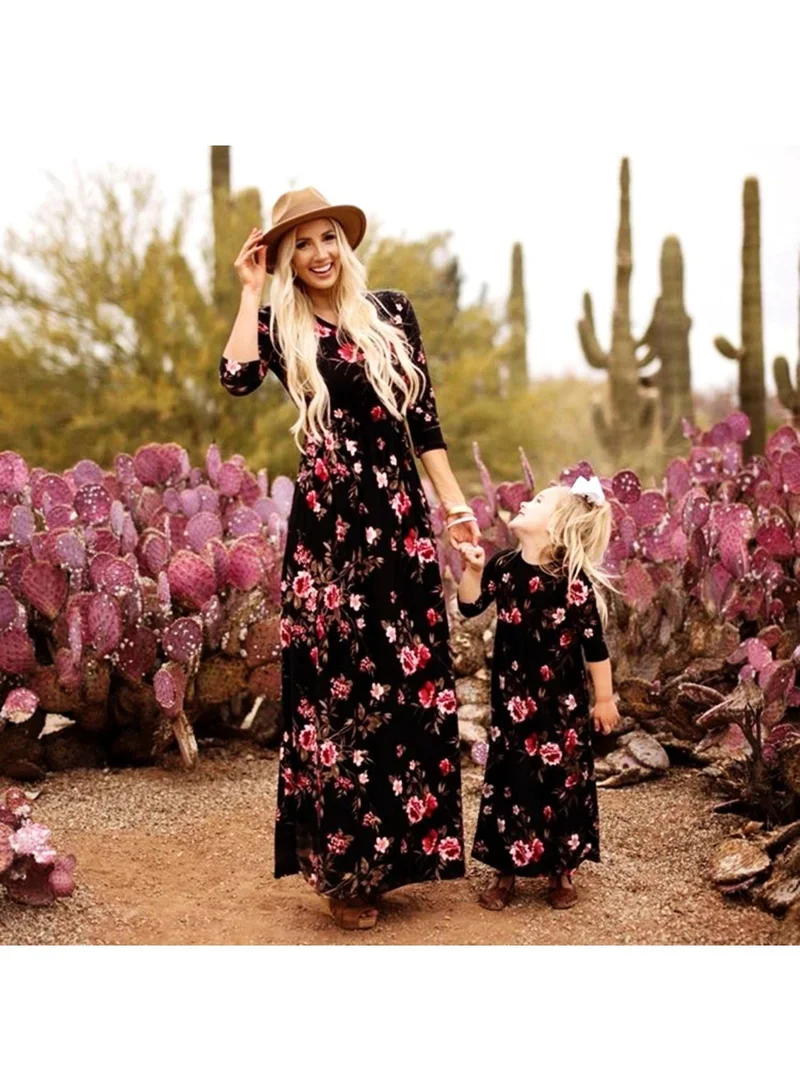 ماتشينج فاميلي اوتفيتس Long Sleeves Floral Print Mother and Daughter Dress