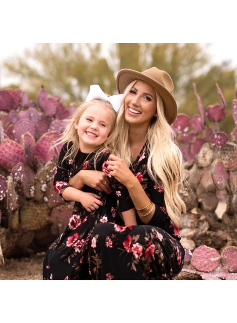 Matching Family Outfits Long Sleeves Floral Print Mother and Daughter Dress