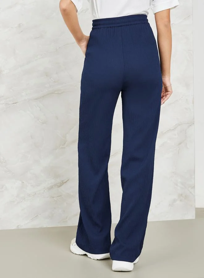 Styli Textured Wide Leg Pants with Side Pocket