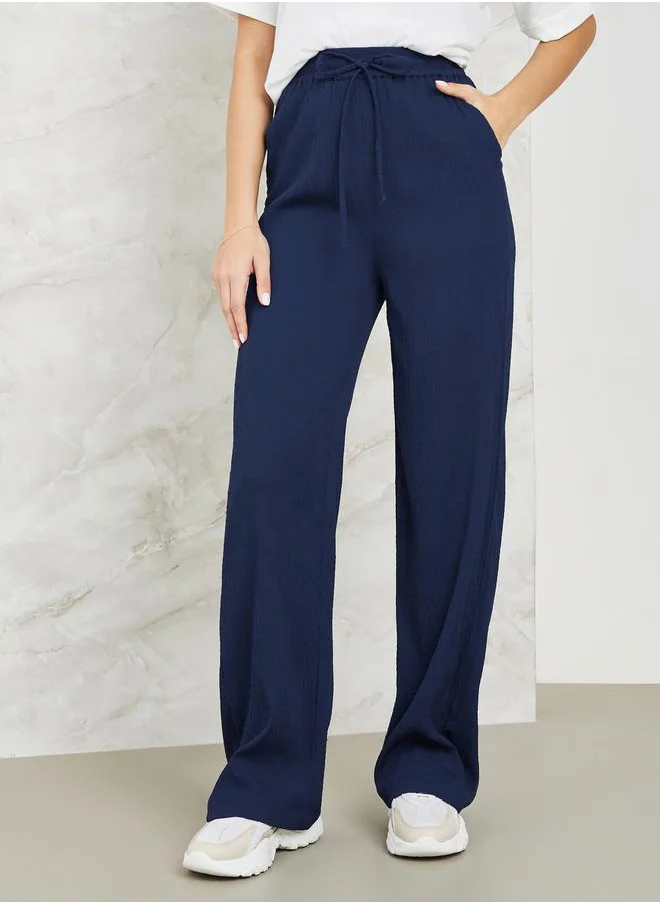 Styli Textured Wide Leg Pants with Side Pocket