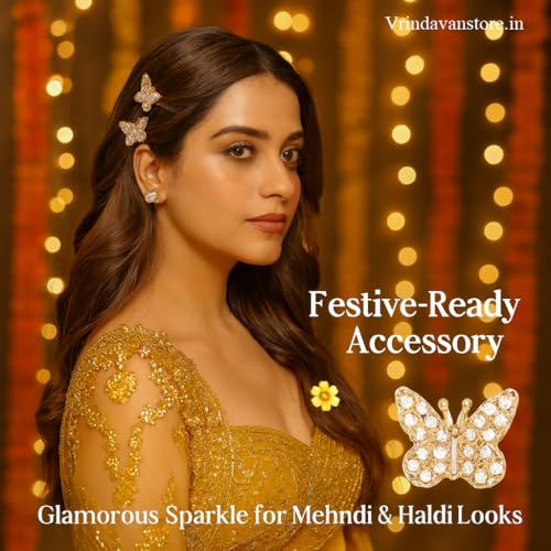 Vrindavanstore.in Golden Butterfly Hair Bits for Women & Girls | Sparkling Crystal Hair Accessories | Elegant Hair Clips for Bun, Braid & Party Hairstyles | Set of 6 Premium Golden Hair Bits - Image 5