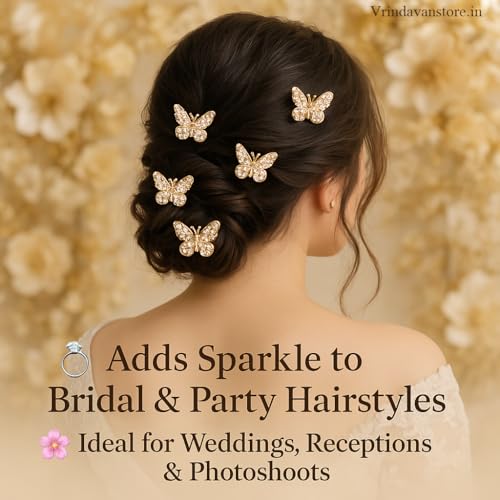 Vrindavanstore.in Golden Butterfly Hair Bits for Women & Girls | Sparkling Crystal Hair Accessories | Elegant Hair Clips for Bun, Braid & Party Hairstyles | Set of 6 Premium Golden Hair Bits - Image 4