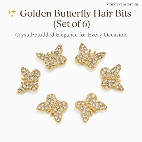 Vrindavanstore.in Golden Butterfly Hair Bits for Women & Girls | Sparkling Crystal Hair Accessories | Elegant Hair Clips for Bun, Braid & Party Hairstyles | Set of 6 Premium Golden Hair Bits - Image 2