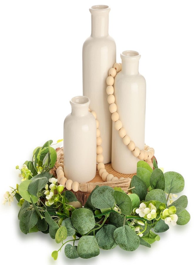 Geelin 6 Pcs Boho Rustic Table Centerpieces, 3 Ceramic Vases, Wooden Slice Tray Round, Farmhouse Wood Beads Garland with Tassel, Artificial Vines for Dining Home Table Decor Wedding(White) - Image 1