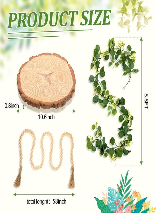 Geelin 6 Pcs Boho Rustic Table Centerpieces, 3 Ceramic Vases, Wooden Slice Tray Round, Farmhouse Wood Beads Garland with Tassel, Artificial Vines for Dining Home Table Decor Wedding(White) - Image 3