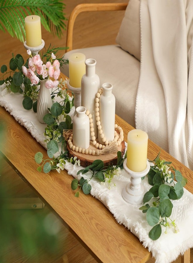 Geelin 6 Pcs Boho Rustic Table Centerpieces, 3 Ceramic Vases, Wooden Slice Tray Round, Farmhouse Wood Beads Garland with Tassel, Artificial Vines for Dining Home Table Decor Wedding(White) - Image 4