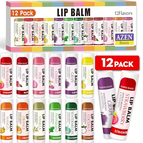 AZEN 12 Pack Lip Balm, Natural Lip Balm Bulk, Lip Care Product, Moisturizing Lip Balms for dry cracked lips - 12 Flavors - Image 1
