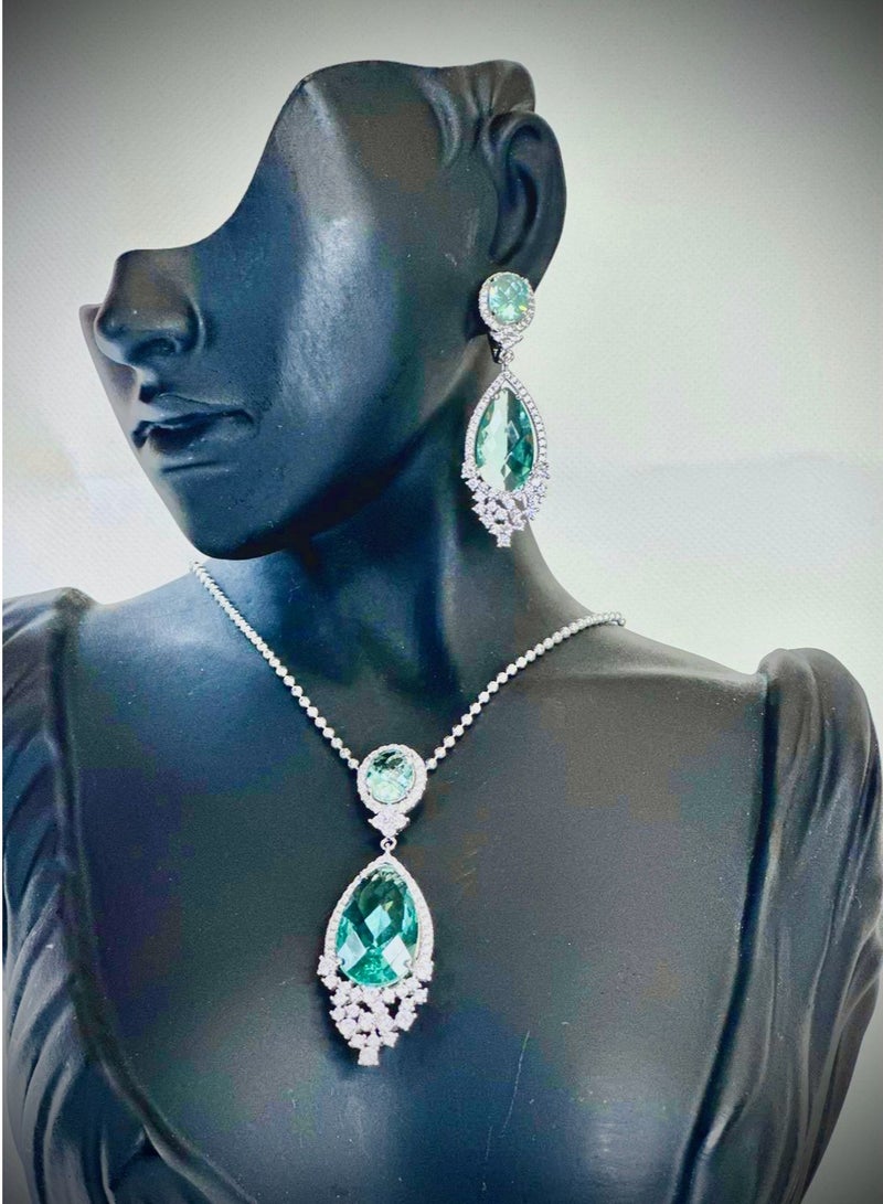 Sterling Silver Pendant with Zircon Stone (6 cm) and Earrings (4 cm) – Elegant Jewelry Set for Women - Image 1