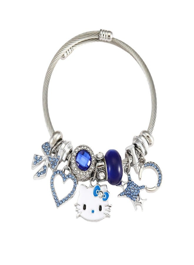BEMKWG Hello Jewelry Bracelet Charms Braclet, Kawaii Blue Kitty Bangle Women Matching Accessories, for Teen Graduation Birthday Gifts Stuff - Image 1