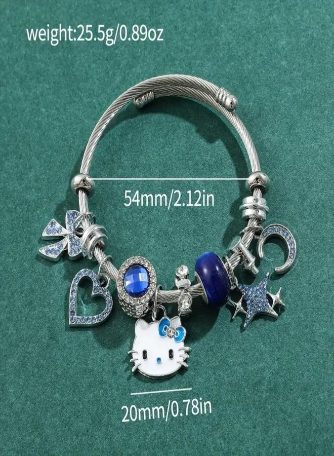 BEMKWG Hello Jewelry Bracelet Charms Braclet, Kawaii Blue Kitty Bangle Women Matching Accessories, for Teen Graduation Birthday Gifts Stuff - Image 2
