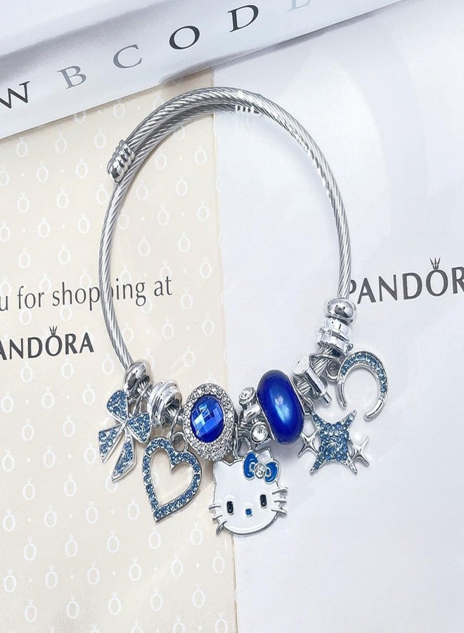 BEMKWG Hello Jewelry Bracelet Charms Braclet, Kawaii Blue Kitty Bangle Women Matching Accessories, for Teen Graduation Birthday Gifts Stuff - Image 3