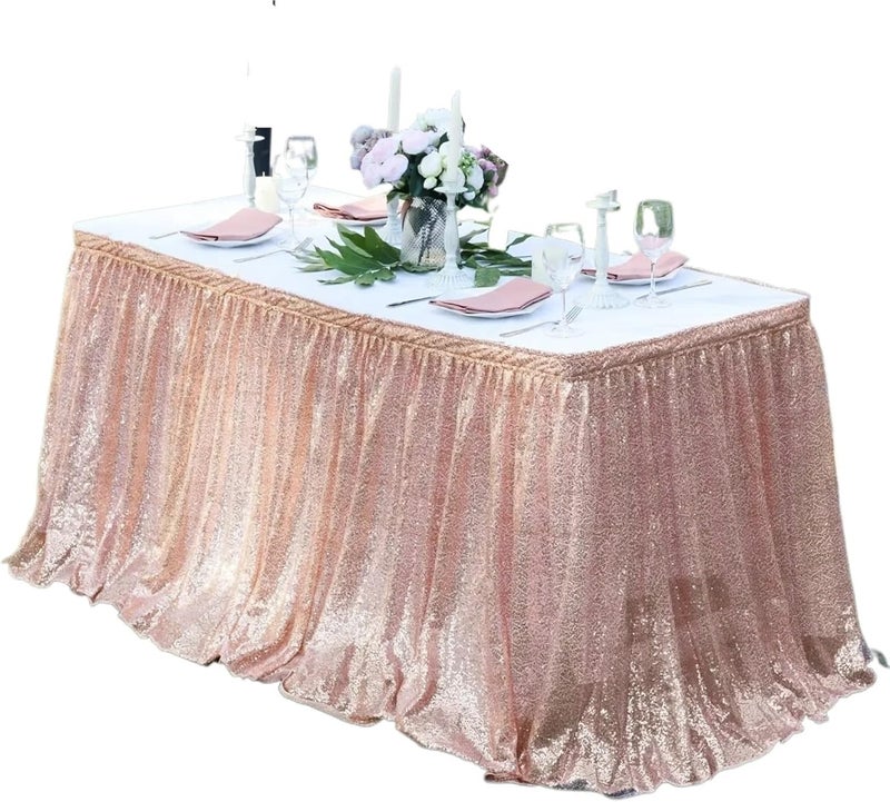 Table Skirt Sequin Table Skirt Tables Flash Cloth Birthday Party Decor Wedding Festival Event Rectangle Glitter Table Skirts Decoration(Rose gold,4FT 70x122cm) - Image 1