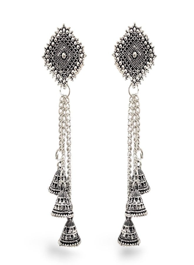 Elleva Silver Jhumka Earrings for Women Traditional Stylish Drop Jhumka Earring set | Oxidised Jhumkas with Chain South Indian Jewellery Set for Wedding Party (Pack of1) - Image 1