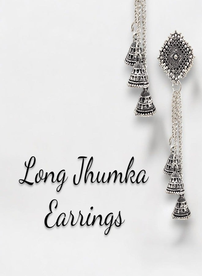 Elleva Silver Jhumka Earrings for Women Traditional Stylish Drop Jhumka Earring set | Oxidised Jhumkas with Chain South Indian Jewellery Set for Wedding Party (Pack of1) - Image 5