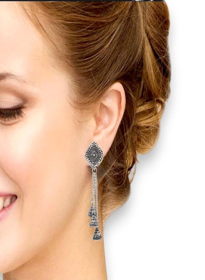 Elleva Silver Jhumka Earrings for Women Traditional Stylish Drop Jhumka Earring set | Oxidised Jhumkas with Chain South Indian Jewellery Set for Wedding Party (Pack of1) - Image 2