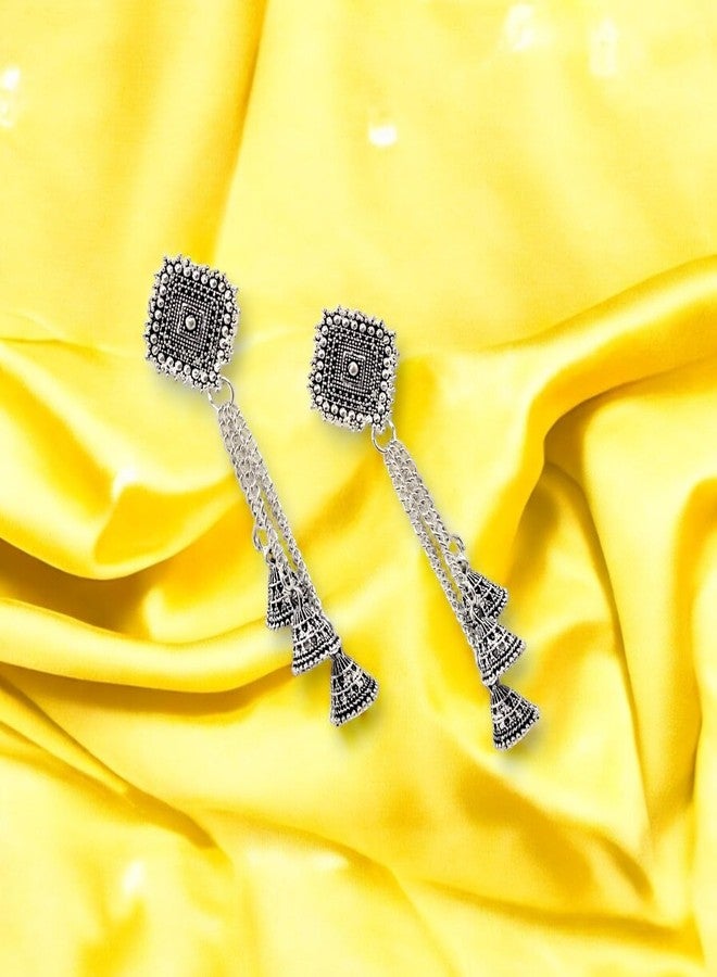 Elleva Silver Jhumka Earrings for Women Traditional Stylish Drop Jhumka Earring set | Oxidised Jhumkas with Chain South Indian Jewellery Set for Wedding Party (Pack of1) - Image 4