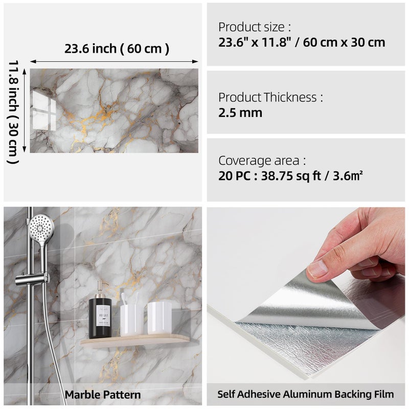 WADILE 23.6"x11.8" Waterproof Marble Peel and Stick Wall Panels Marble Tile PVC Backsplash Tiles for Kitchen, Bathroom, Living Room, Bedroom 20 Pack Gold - Image 2