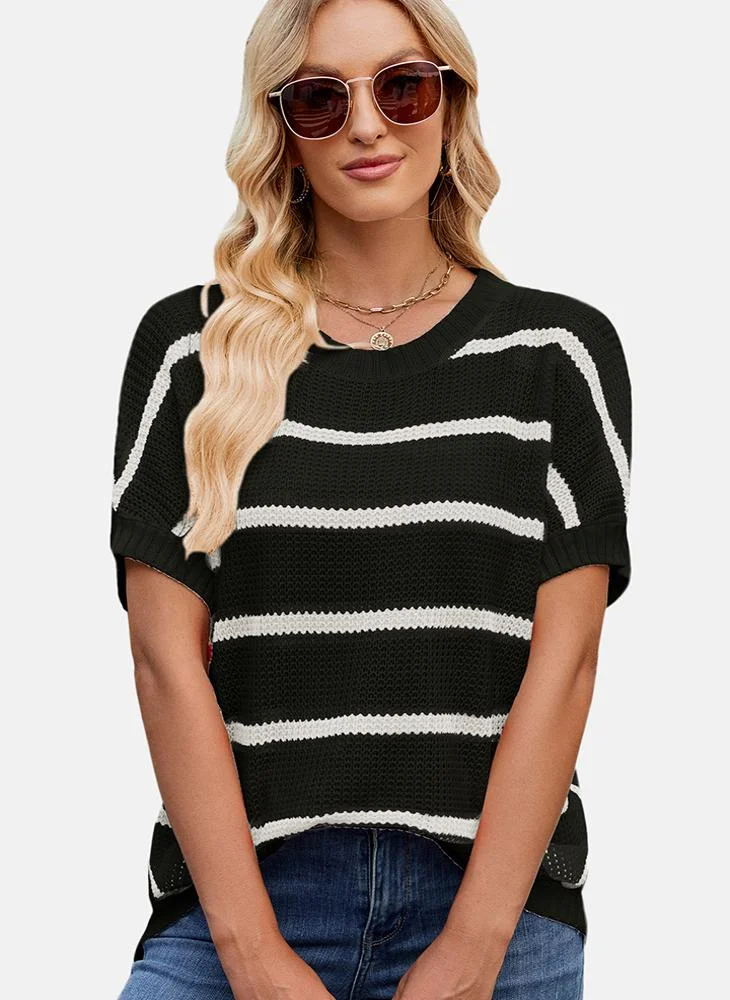يونيكي Black Round Neck Striped Top