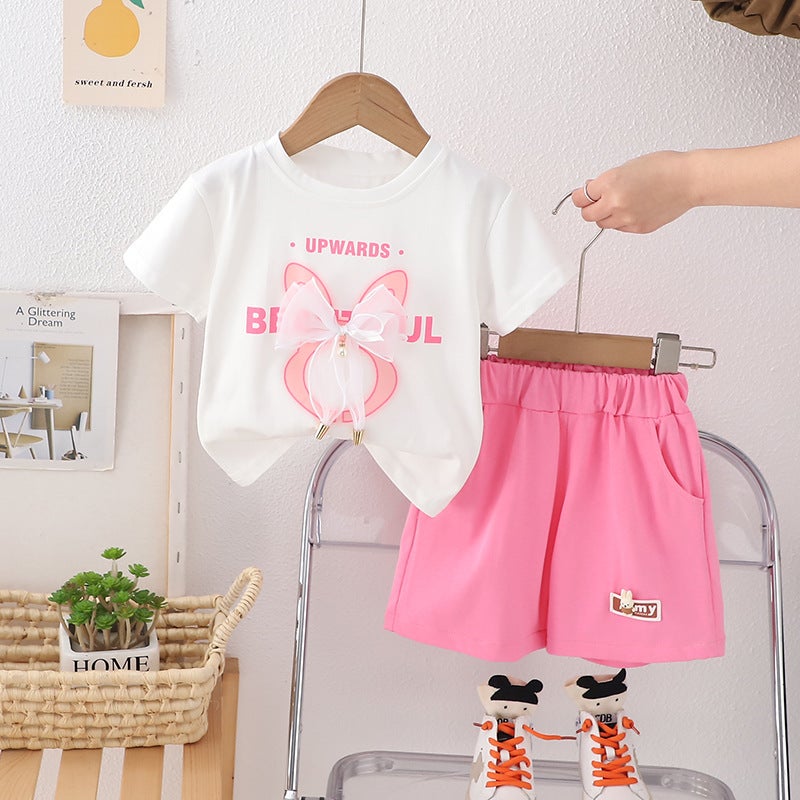 2025 Summer New Girls Three-dimensional Bow Short-sleeved T-shirt suit 1-5 Years Old Baby Casual Shorts Two-piece Set Pink 