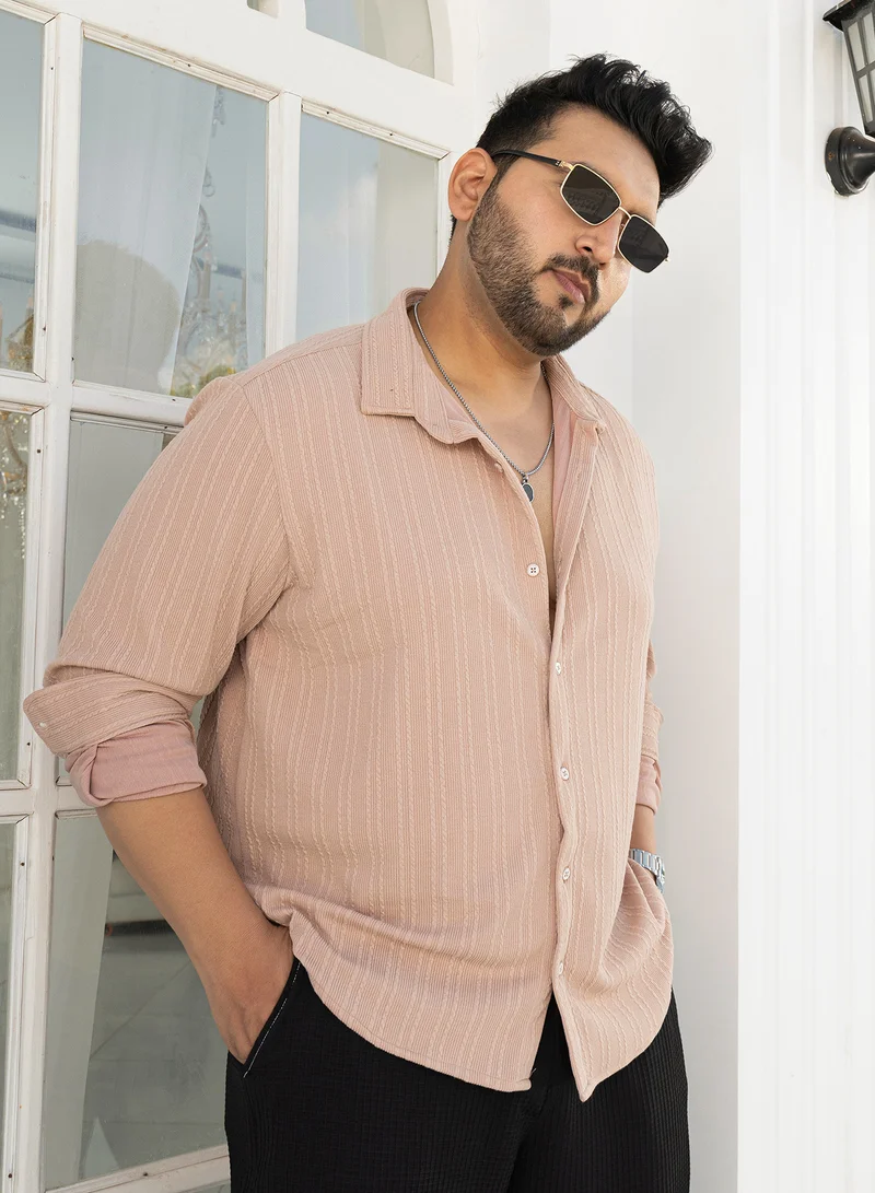 انستافاب بلس قميص رجالي مقاس بلس بيج مضلع بحبل ملمس للارتداء الكاجوال بياقة سبيد وأكمام طويلة بأزرار