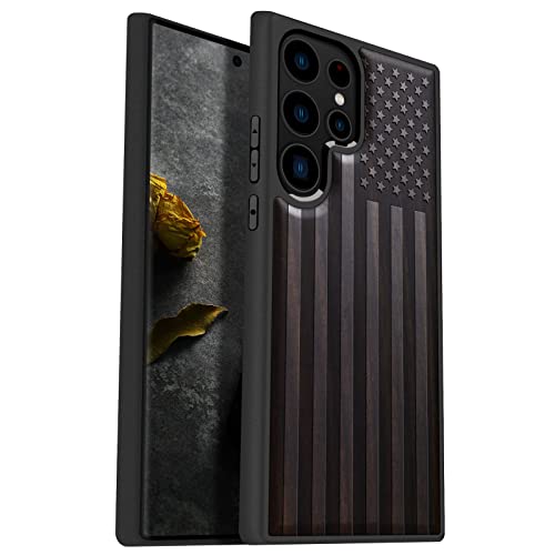 Carveit Wood Case for Galaxy S23 Ultra Case [Natural Wood & Black Soft TPU] Shockproof Protective Cover Unique & Classy Wooden Design Compatible with Samsung S23 Ultra (American Flag-Blackwood) - Image 1