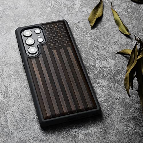 Carveit Wood Case for Galaxy S23 Ultra Case [Natural Wood & Black Soft TPU] Shockproof Protective Cover Unique & Classy Wooden Design Compatible with Samsung S23 Ultra (American Flag-Blackwood) - Image 3