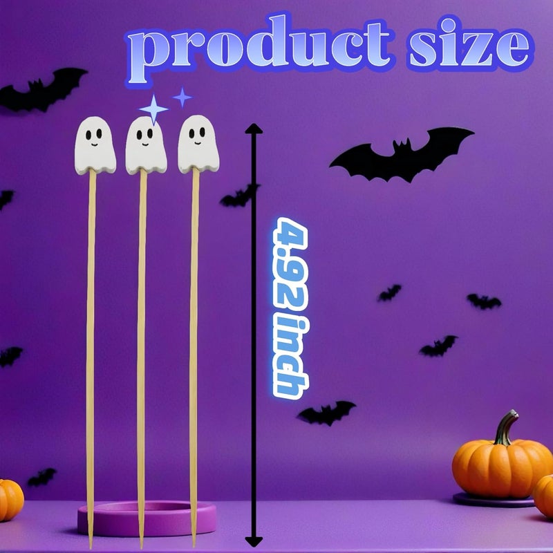 OceanCamel 100 Pcs Ghost Cocktail Picks for Halloween and Fall – Bamboo Toothpicks with Cute Ghost Design for Appetizers, Fruit, Desserts, Coffee Drinks, Cake Toppers and Party Decorations (white) - Image 2