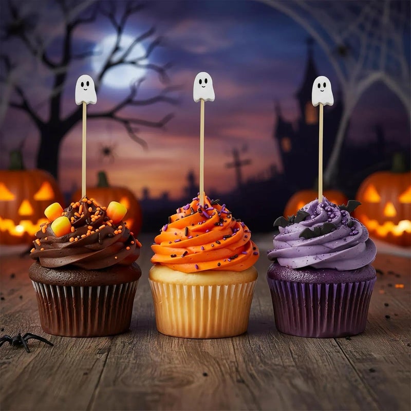 OceanCamel 100 Pcs Ghost Cocktail Picks for Halloween and Fall – Bamboo Toothpicks with Cute Ghost Design for Appetizers, Fruit, Desserts, Coffee Drinks, Cake Toppers and Party Decorations (white) - Image 4