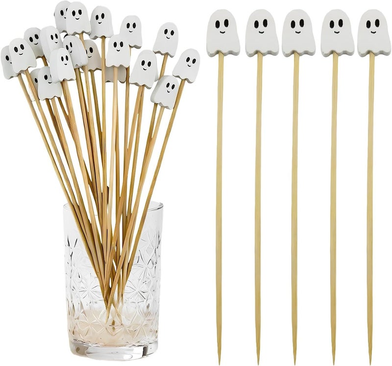 OceanCamel 100 Pcs Ghost Cocktail Picks for Halloween and Fall – Bamboo Toothpicks with Cute Ghost Design for Appetizers, Fruit, Desserts, Coffee Drinks, Cake Toppers and Party Decorations (white) - Image 1