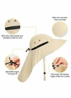 HS Outdoor Sun Hat For Men And Women, 50+ UPF Protection Safari Cap Wide Brim Pure Cotton Fishing With Neck Flap, Khaki  - Image 2