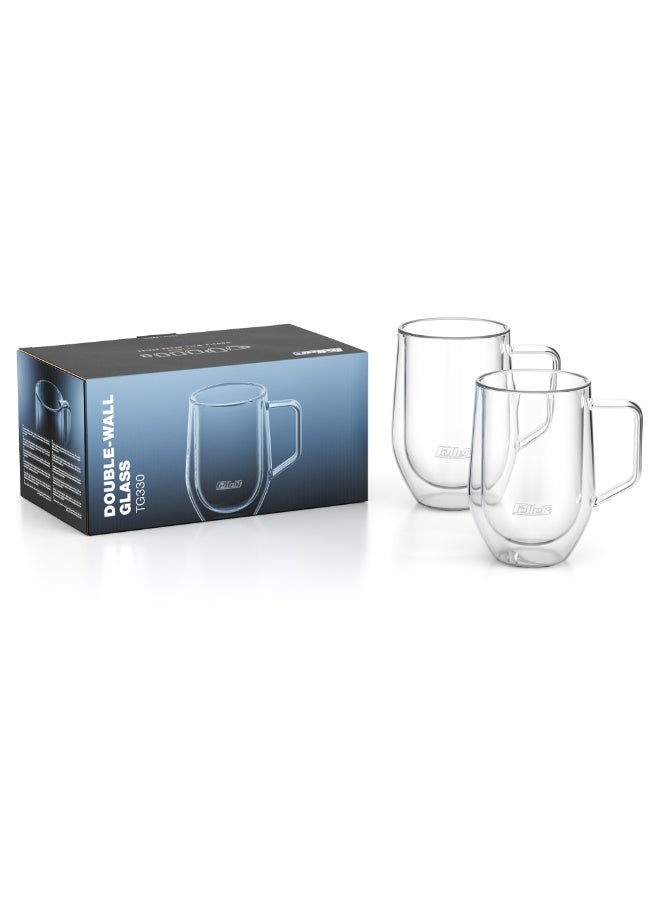 Feller Germany TG330 Double-Wall Glass Mugs Set of 2, 330ml Large Insulated Borosilicate Coffee Mugs with Handle for Latte & Cappuccino, Keeps Drinks Hot & Cold, Thermal Shock Resistant, BPA-Free - Image 1