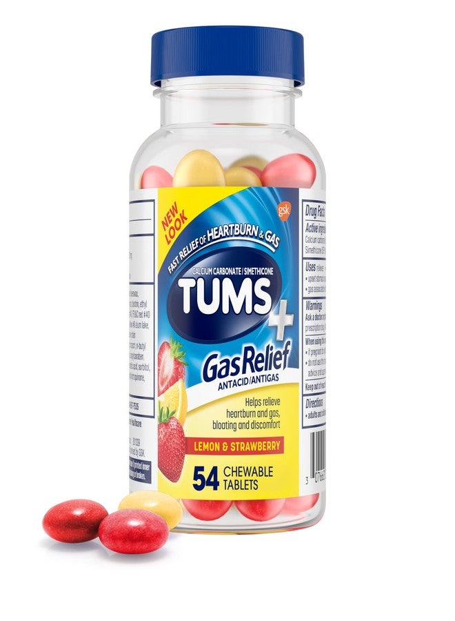 TUMS Chewy Bites Chewable Antacid Tablets with Gas Relief, Lemon & Strawberry - 54 Count - Image 1