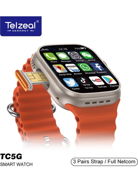 Telzeal TC5G Smart Watch with Full Netcom ConnectivitySim Slot 3 Pair Straps and Wireless Charger Designed For Ladies and Gents