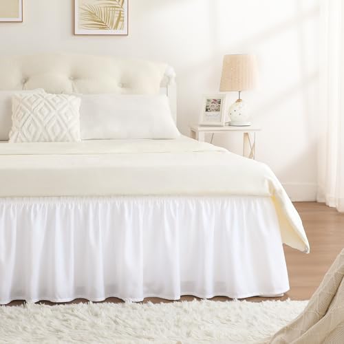 RIMELA White Bed Skirt Queen Size 15 Inch Drop Elastic Bed Skirting for Bed Base and Frame Bedding Dust Ruffle Easy to Install Lightweight Comforter Set with Wrap Around Adjustable Bedskirt