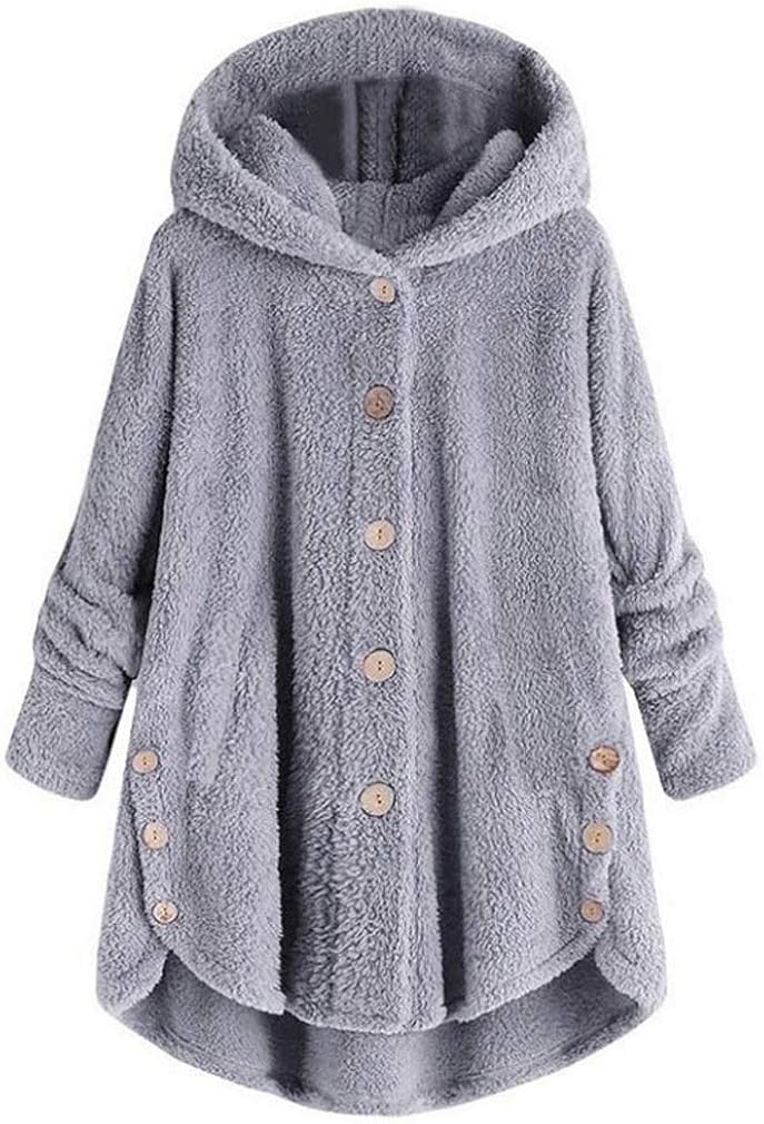 Womens Winter Warm Parka Jacket Solid Color Outwear Coat Button Buckle Fluffy Long Overcoat